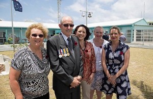Son of HMAS Sydney (I) sailor Able Seaman Harold Collins, Mr Theo Patrick (Pat) Collins with his wife Ms Kathie Collins and relatives (from centre) Mrs Lisa Mahon, Mrs Liz Roberts and Ms Holly Roberts, travelled to Cocos Island to attend the commeorative service for the Battle of Cocos Island.