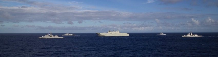 Ships from Task Group 659.1 (including HMA Ships Canberra, Warramunga and Ballarat and HMNZS Te Kaha) joined by French Floreal class frigate FNS Prairial transit to Pearl Harbour, Hawaii to participate in Exercise Rim of the Pacific (RIMPAC) 2016.